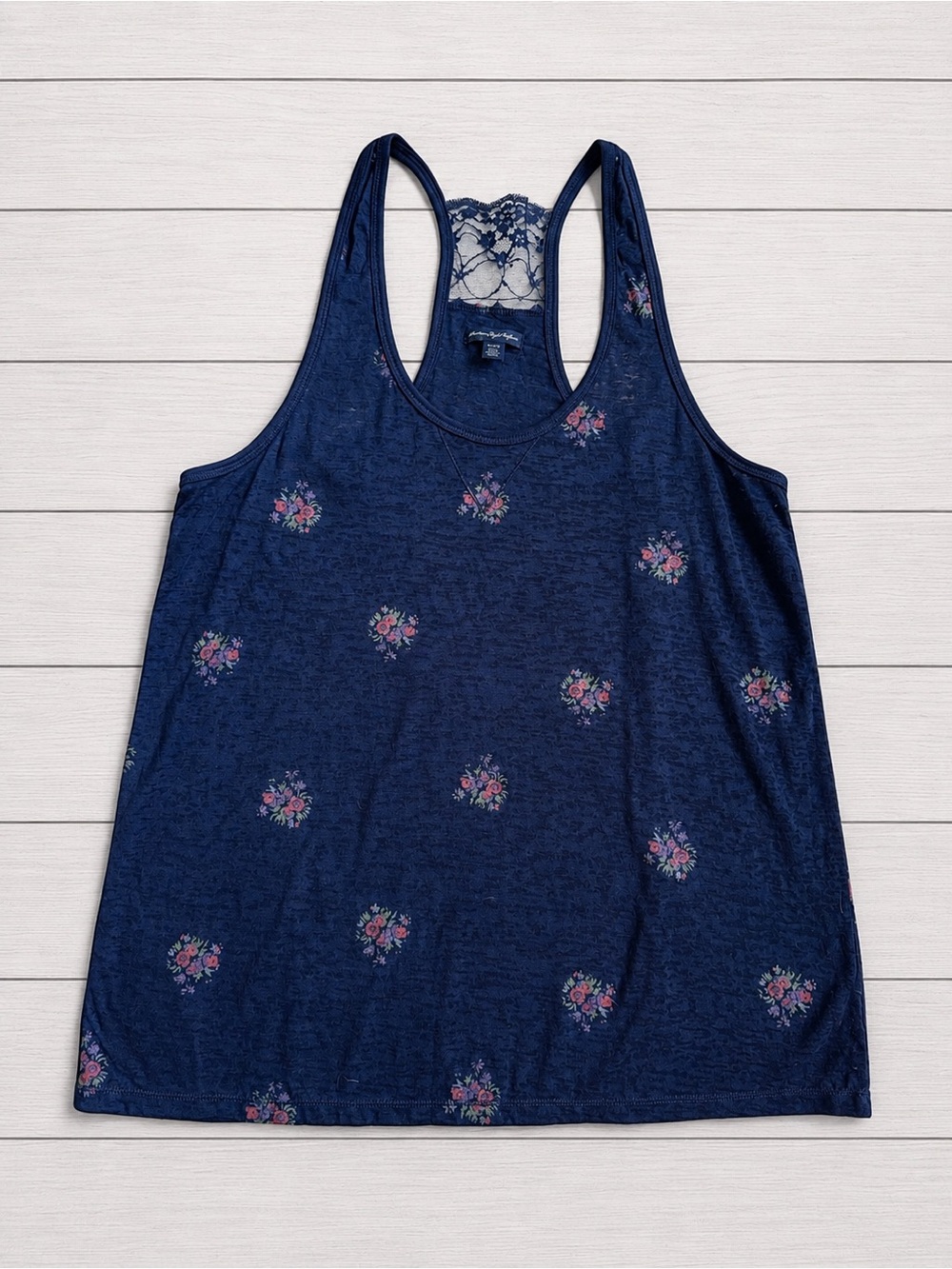American Eagle Navy Floral Burnout Lace Back Racerback Tank Top